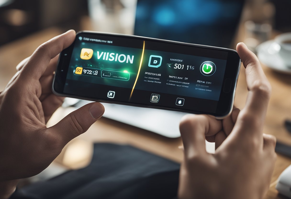 A smartphone screen displays the Vision 11 app with the referral code. A hand reaches out to tap the "download" button