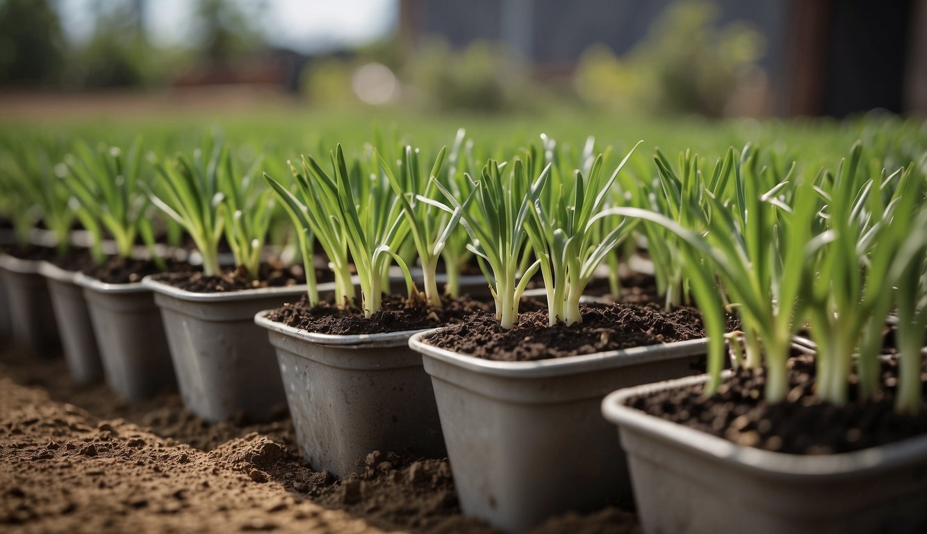 Onion plants in 5-gallon buckets, soil filled, green leaves sprouting, roots growing, cared for by hands