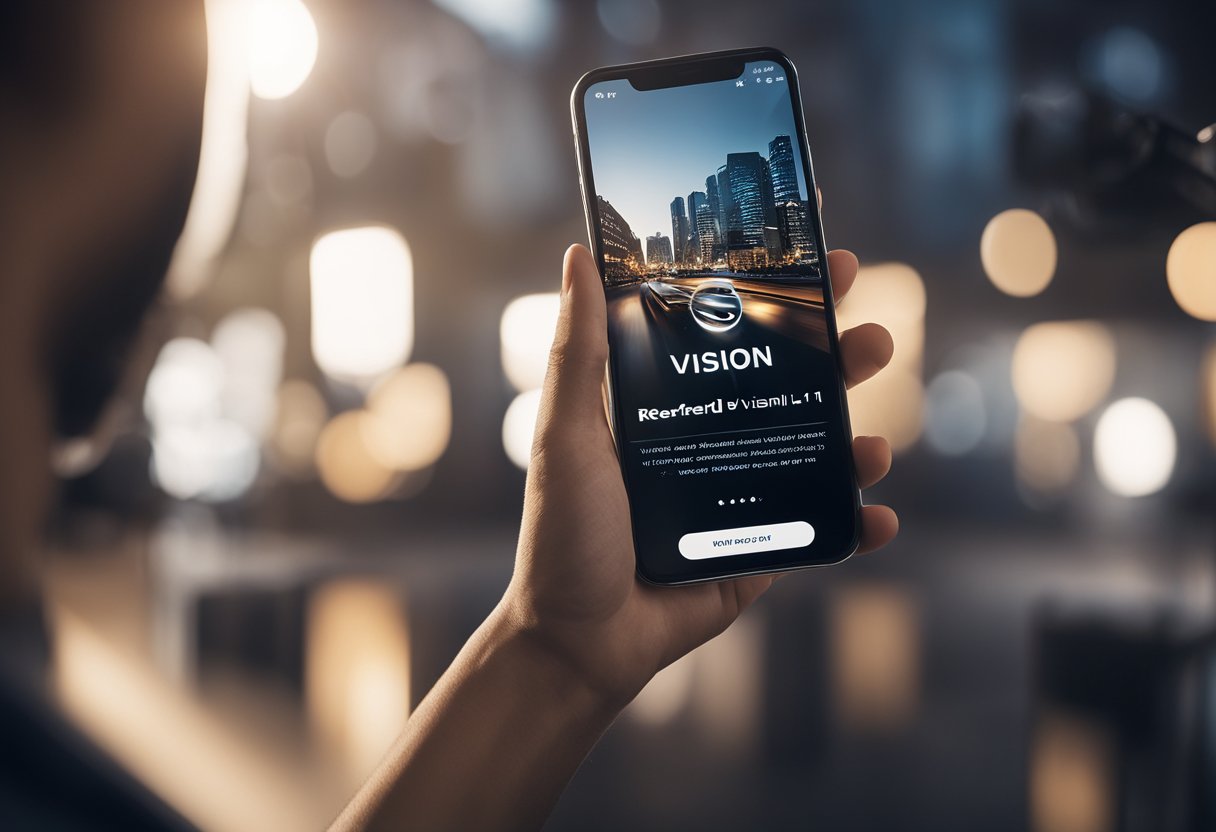 A smartphone screen displays the Vision 11 app with the referral code "vision 11 referral code" visible, while a hand reaches out to download the Vision 11 apk