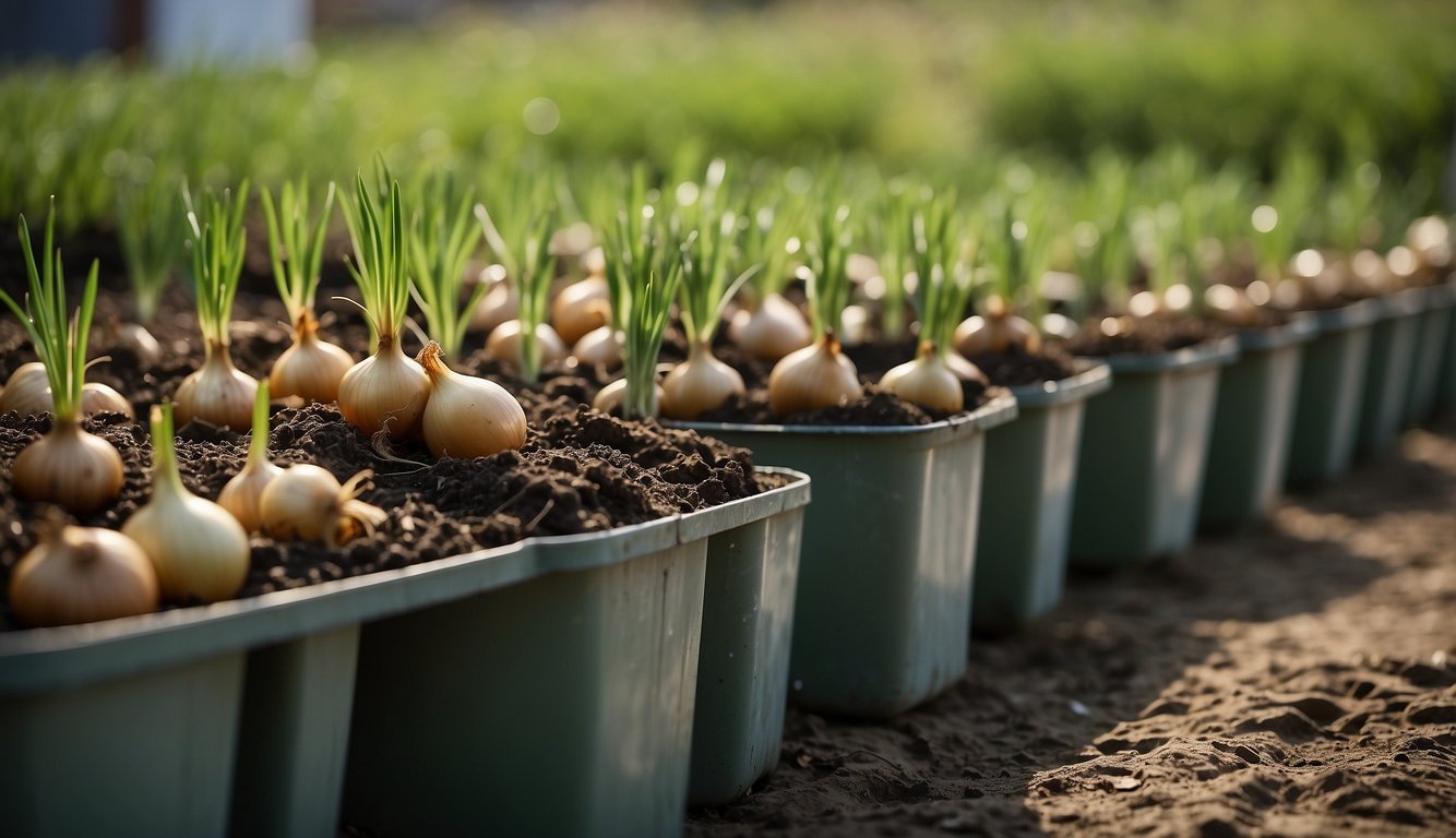 Onions growing in 5-gallon buckets, surrounded by pest and disease management tools