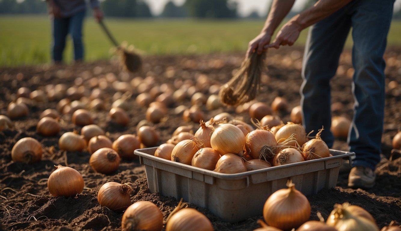 Onions being pulled from the ground and placed in storage, with 5-gallon buckets nearby