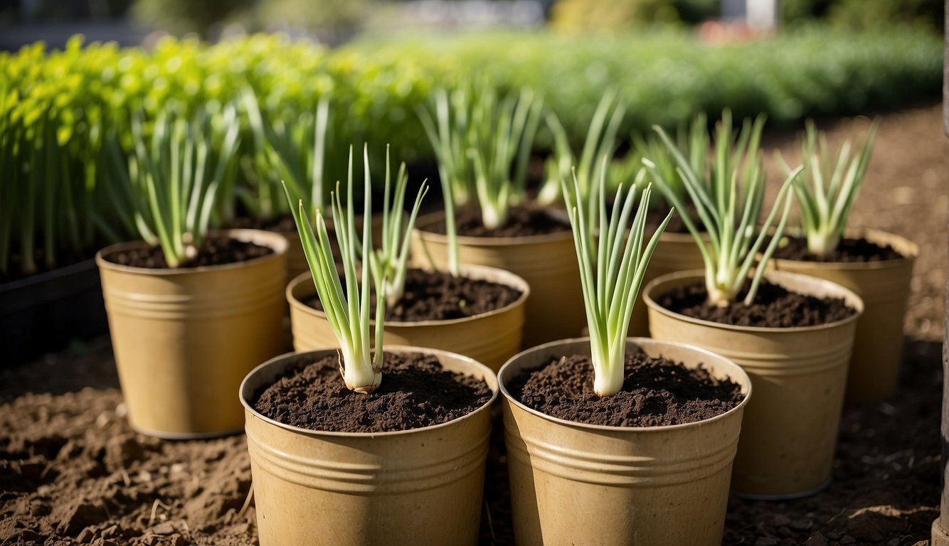 Onions growing in 5-gallon buckets, with lush green foliage and bulbs peeking out from the soil. The buckets are arranged in a sunny outdoor space, showcasing the convenience and versatility of bucket gardening