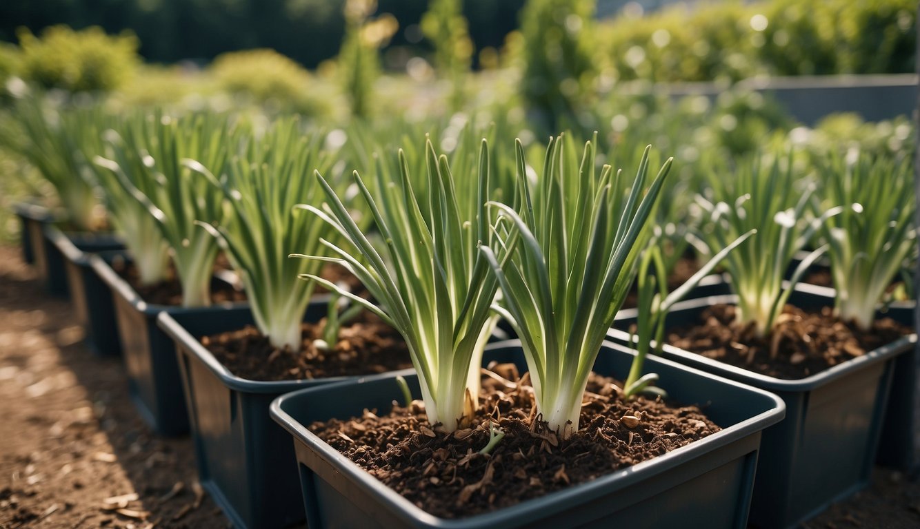 Onions growing in 5-gallon buckets, surrounded by companion plants in a well-organized garden