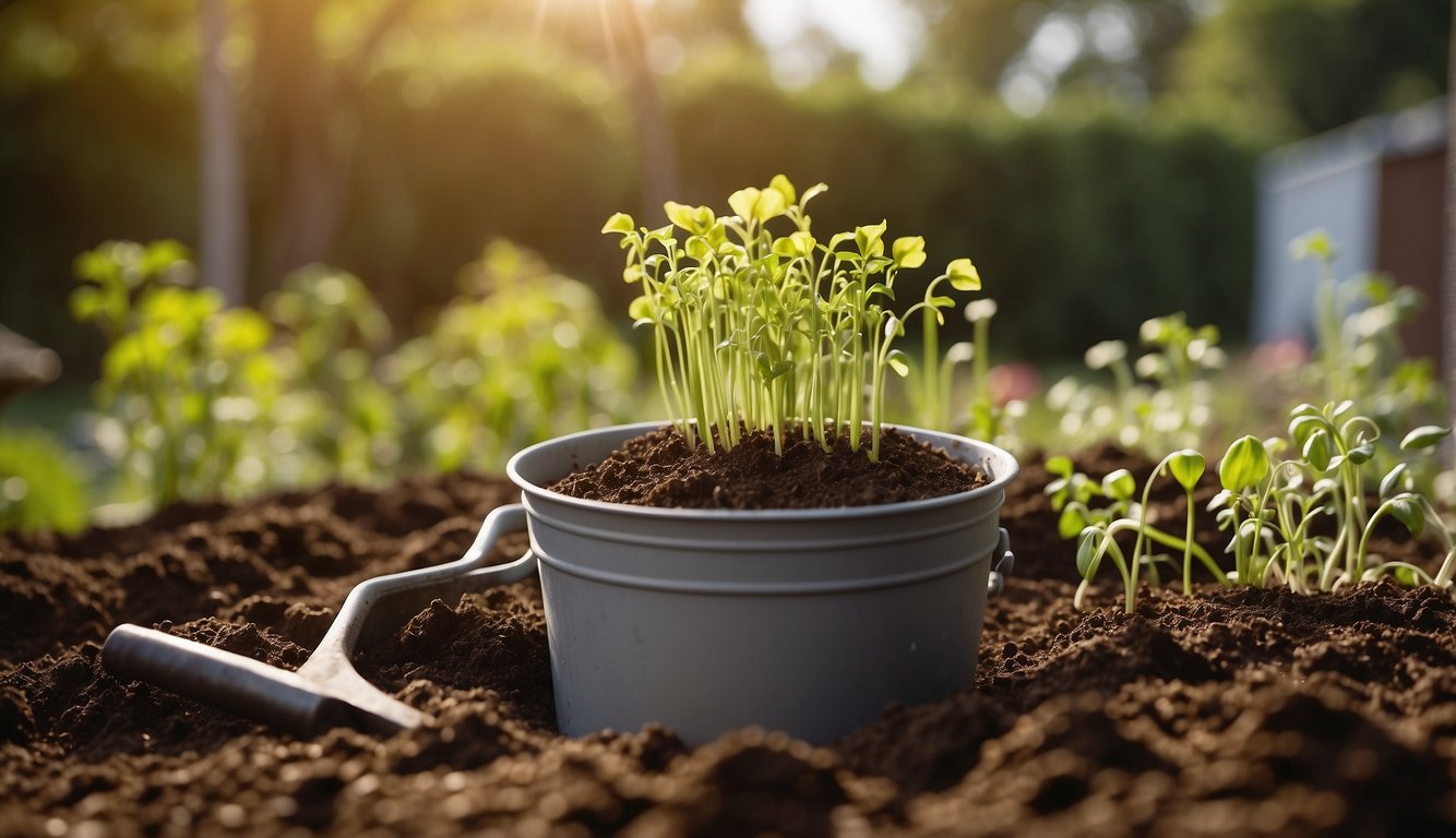 A 5-gallon bucket filled with soil, with onion sprouts emerging from the top. A small trowel and watering can nearby. Bright sunlight and a garden backdrop