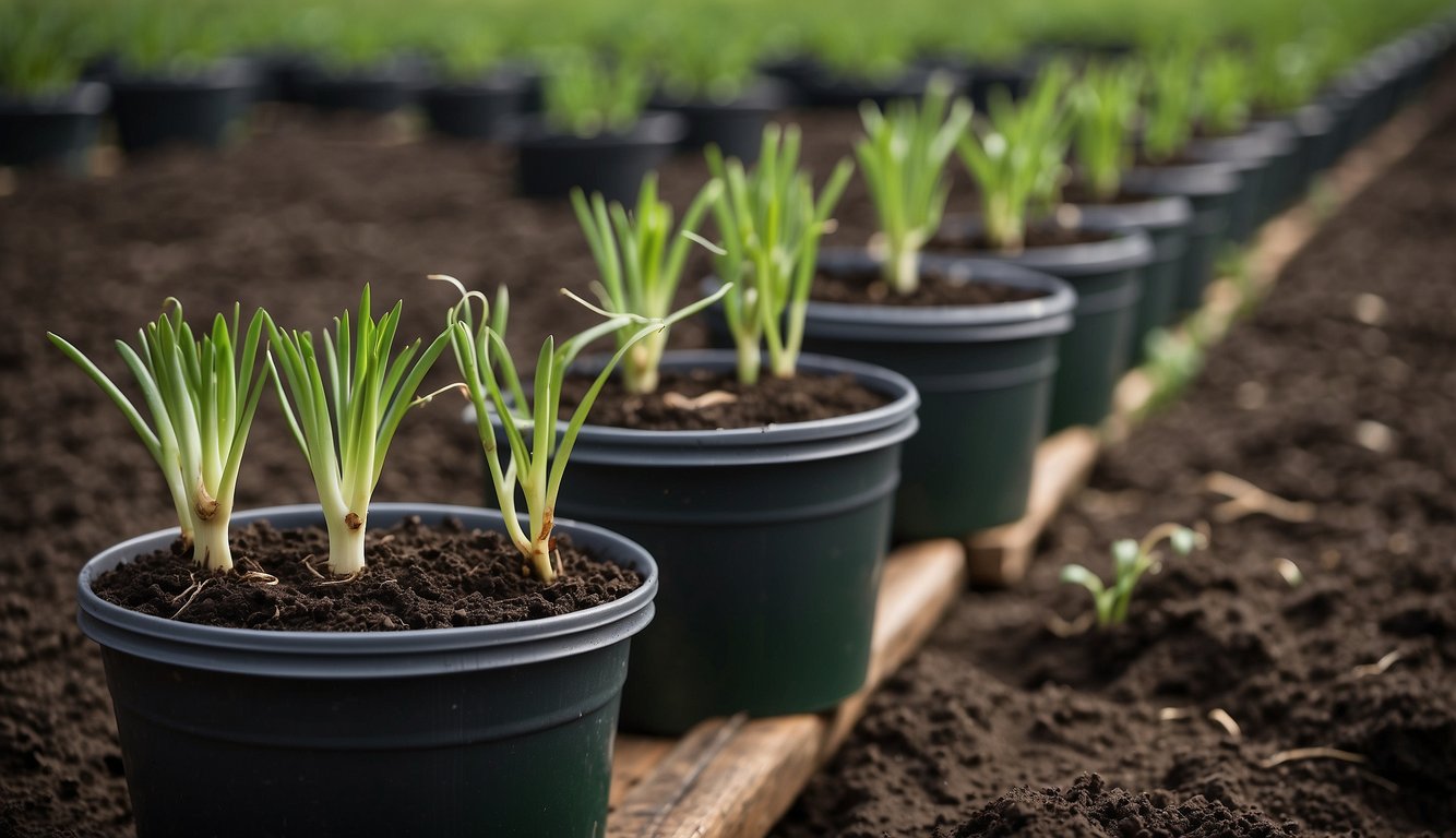 Onions growing in 5-gallon buckets, with soil and green sprouts visible