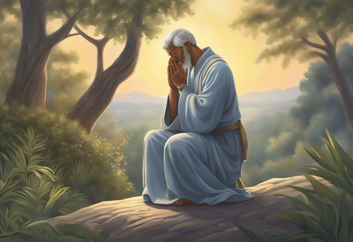 A figure kneels in a peaceful, natural setting, head bowed in prayer, reaching out to connect with the divine