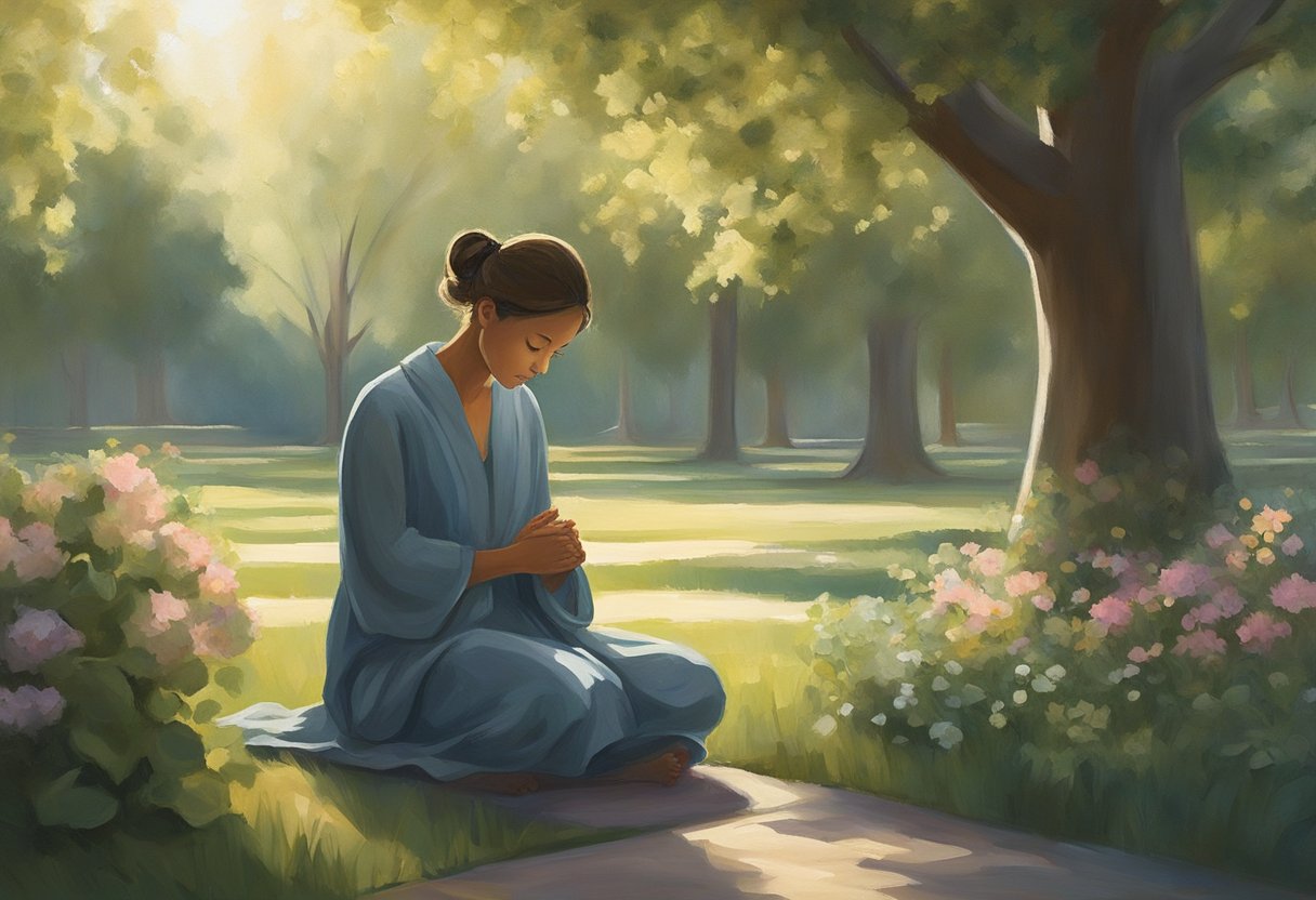 A figure kneels in a peaceful garden, head bowed in prayer. Sunlight filters through the trees, creating a tranquil atmosphere. The figure's posture reflects a deep sense of reverence and connection to the divine