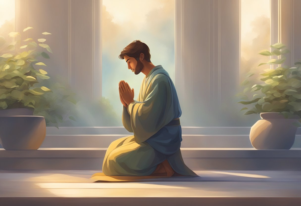 A figure kneels in a quiet space, surrounded by soft light and peaceful atmosphere. They are engaged in prayer, seeking connection with the divine