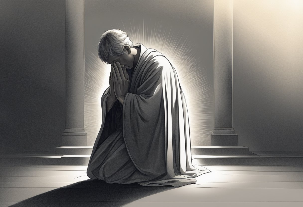 A figure kneels in a beam of light, surrounded by darkness. Their head is bowed in prayer, while their posture exudes determination and resilience