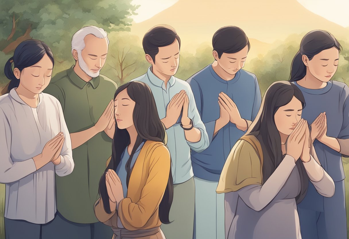 A group of people gather in a peaceful setting, with closed eyes and serene expressions, as they pray for relief from pain