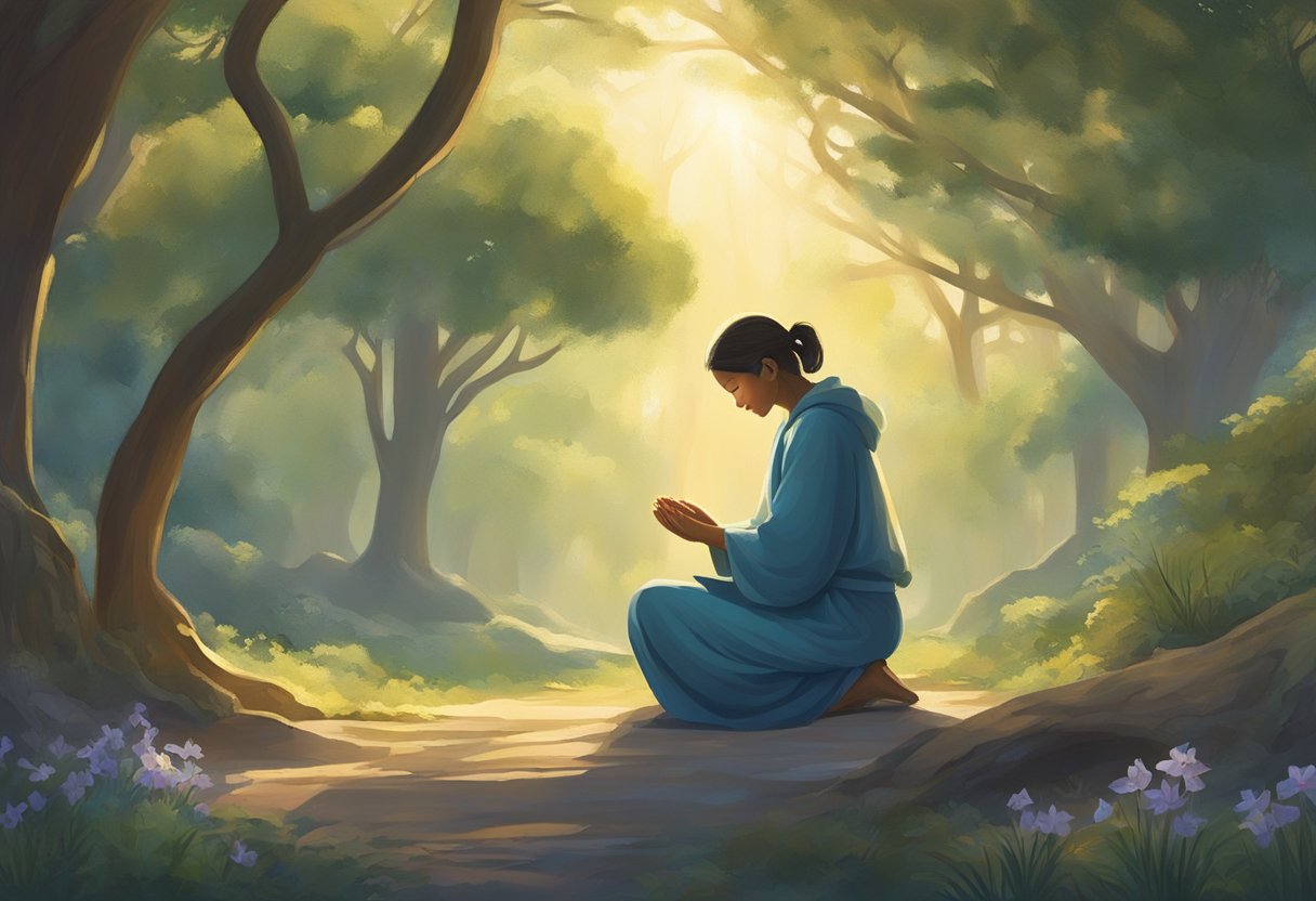 A serene setting with soft, warm light filtering through trees, casting gentle shadows. A figure kneels in prayer, surrounded by symbols of healing and relief