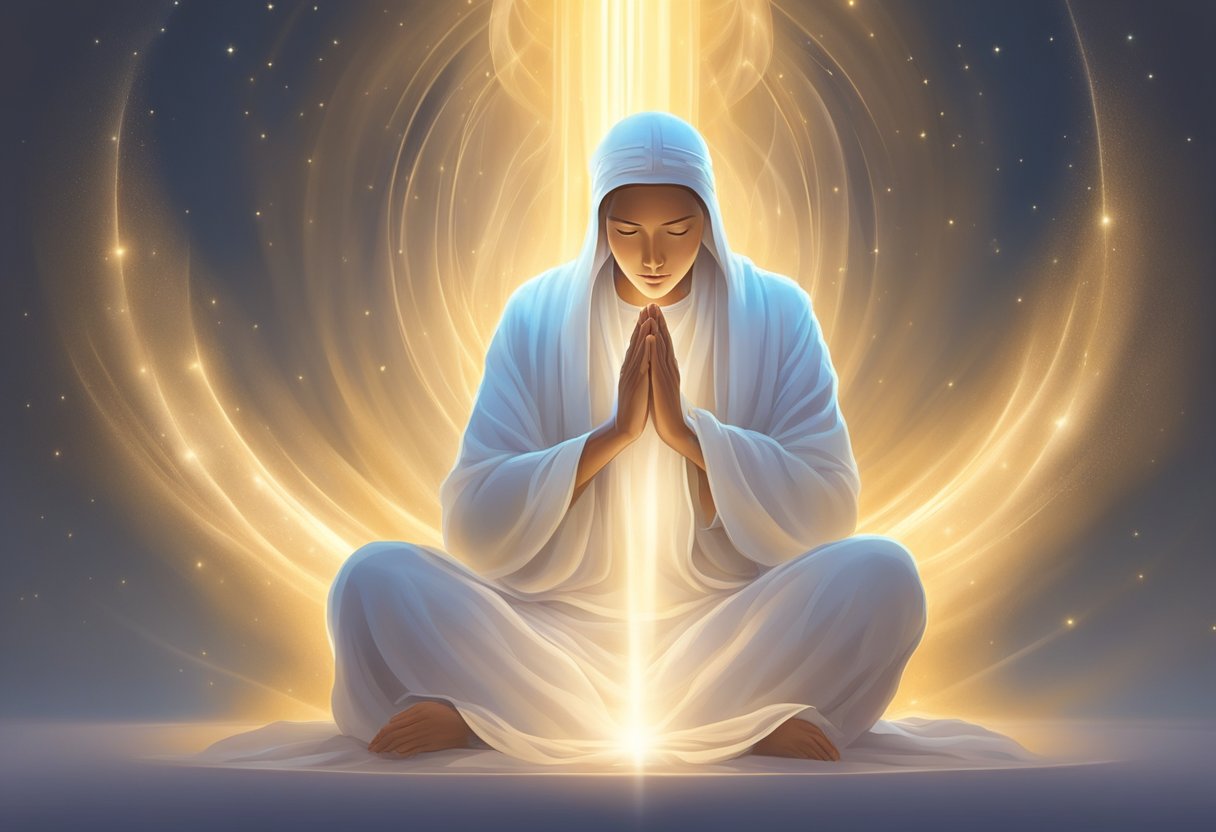 A serene figure surrounded by glowing light, with hands clasped in prayer, emanating a sense of peace and relief from pain