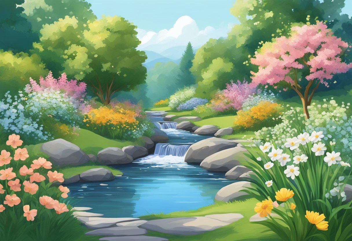 A serene garden with a peaceful stream, surrounded by blooming flowers and lush greenery, under a clear blue sky