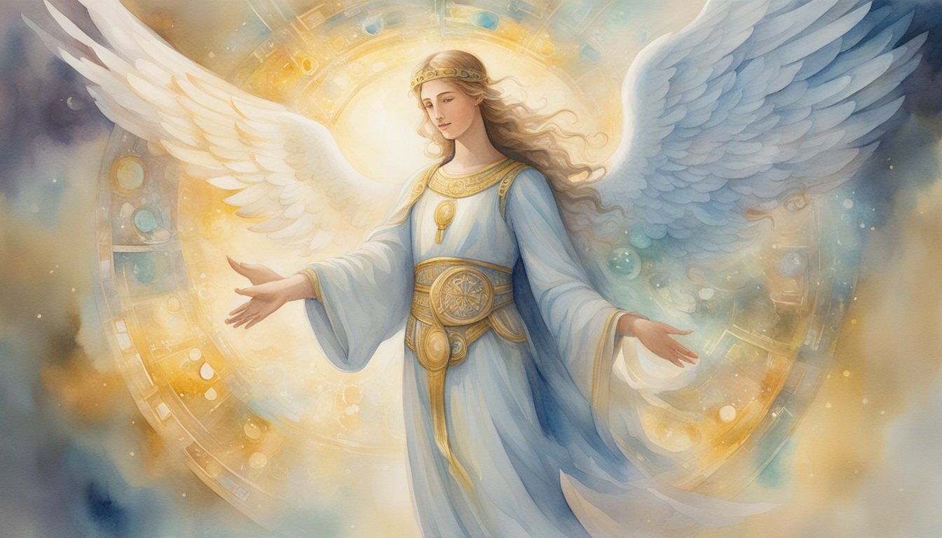 A glowing angelic figure hovers over a person, surrounded by symbols of guidance and protection