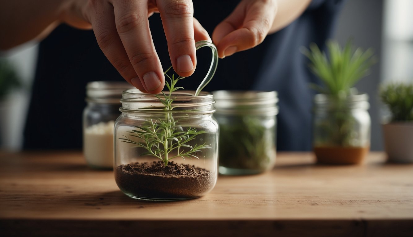 A hand dipping a plant cutting into a jar of rooting hormone powder
