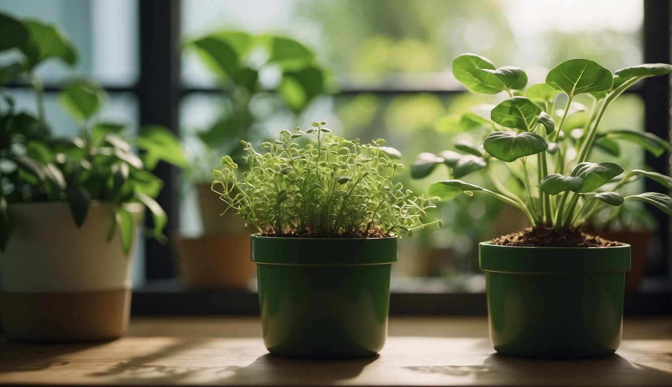 Lush green plants surrounded by rooting medium in a bright, airy environment. A container of rooting hormone powder sits nearby