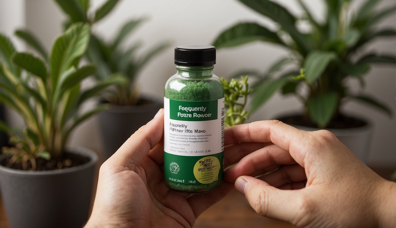 A hand holding a bottle of rooting hormone powder with a label that reads "Frequently Asked Questions best rooting hormone powder" beside a potted plant with visible roots