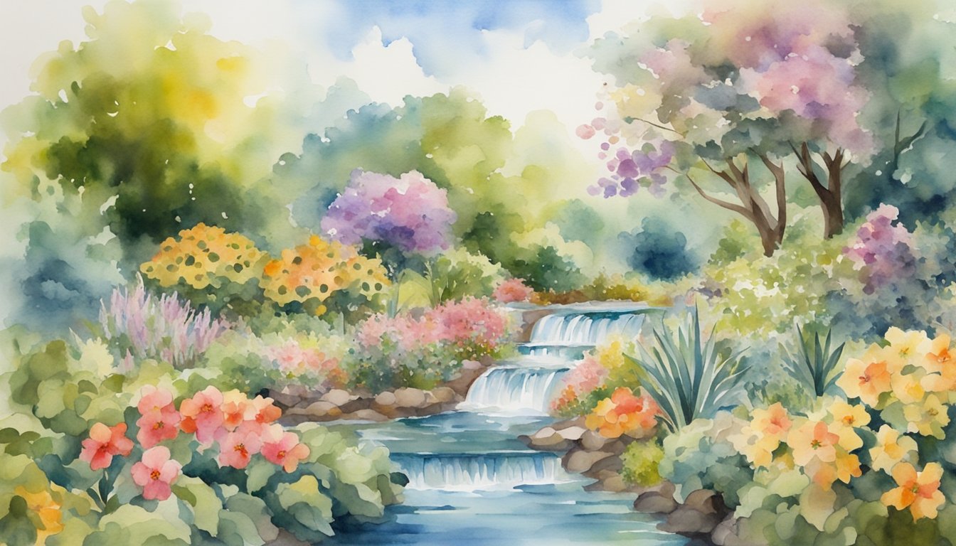 A lush garden with blooming flowers and ripe fruits, surrounded by flowing water and bountiful harvest