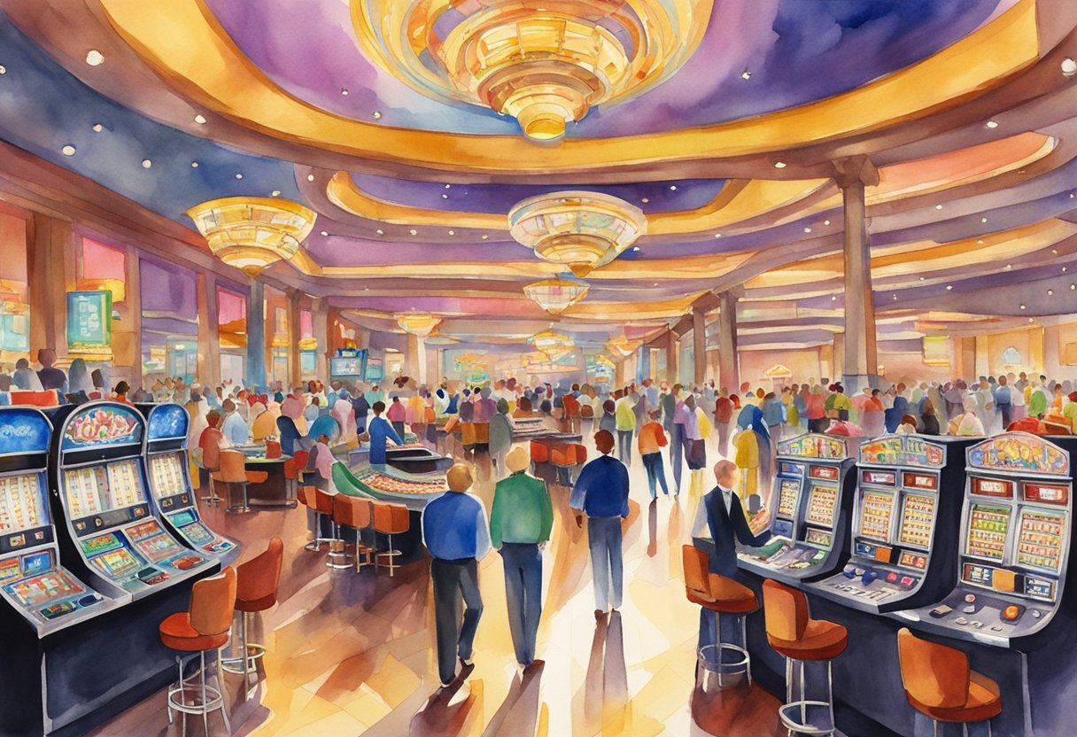 A bustling casino floor with slot machines, card tables, and a roulette wheel. Bright lights and colorful decorations create an energetic atmosphere