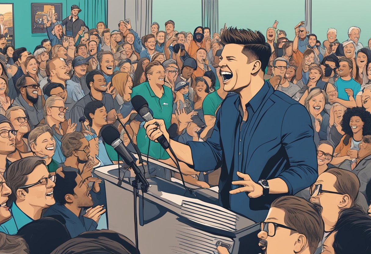 Theo Von laughing, surrounded by microphones and audience, delivering humorous quotes