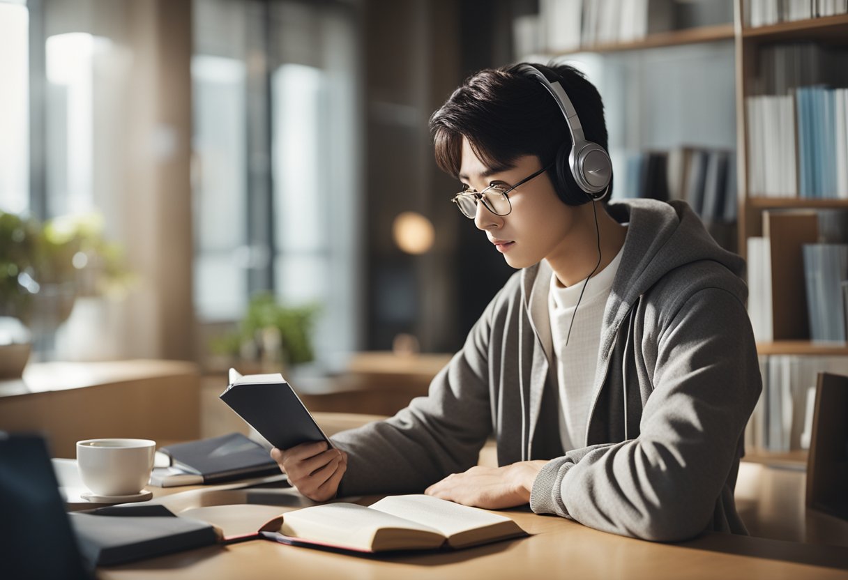 A person listening to a Korean language lesson with a book and headphones on a desk