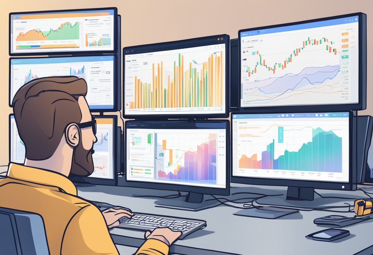 Multiple computer screens showing crypto charts, while a person talks into a microphone. Subscribers comment and like the video, indicating trust in the information