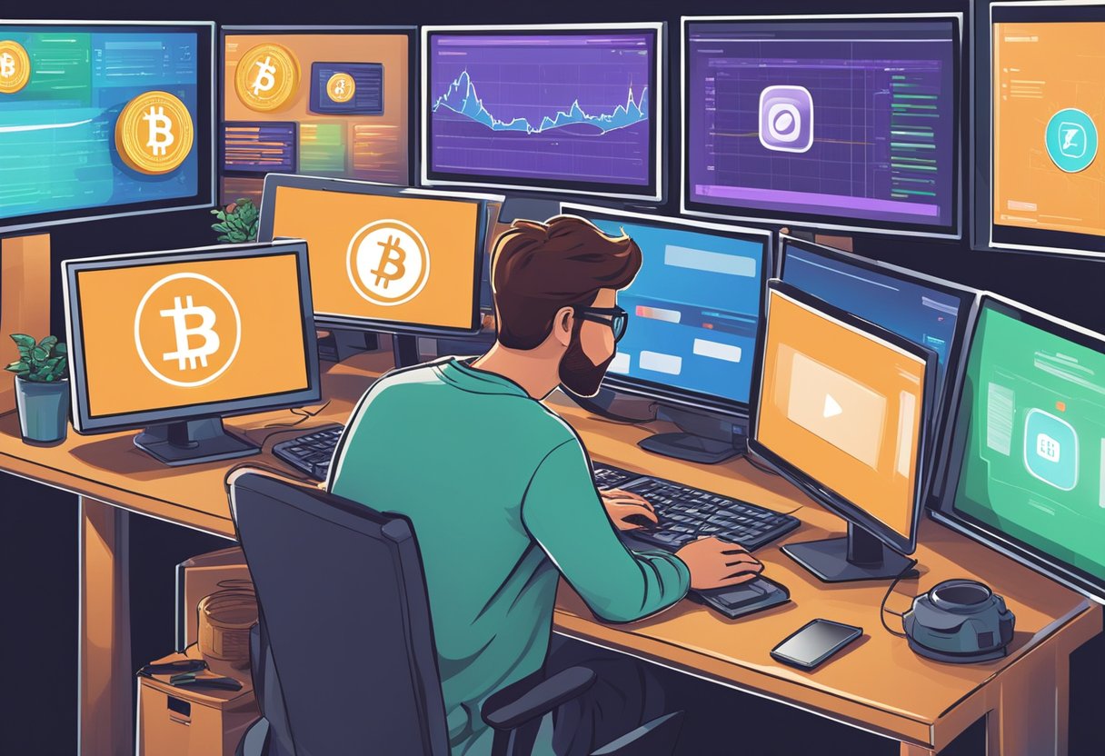 A person watches a YouTube video on cryptocurrency, surrounded by computer screens showing various crypto channels. The person is deep in thought, evaluating the reliability of the information presented