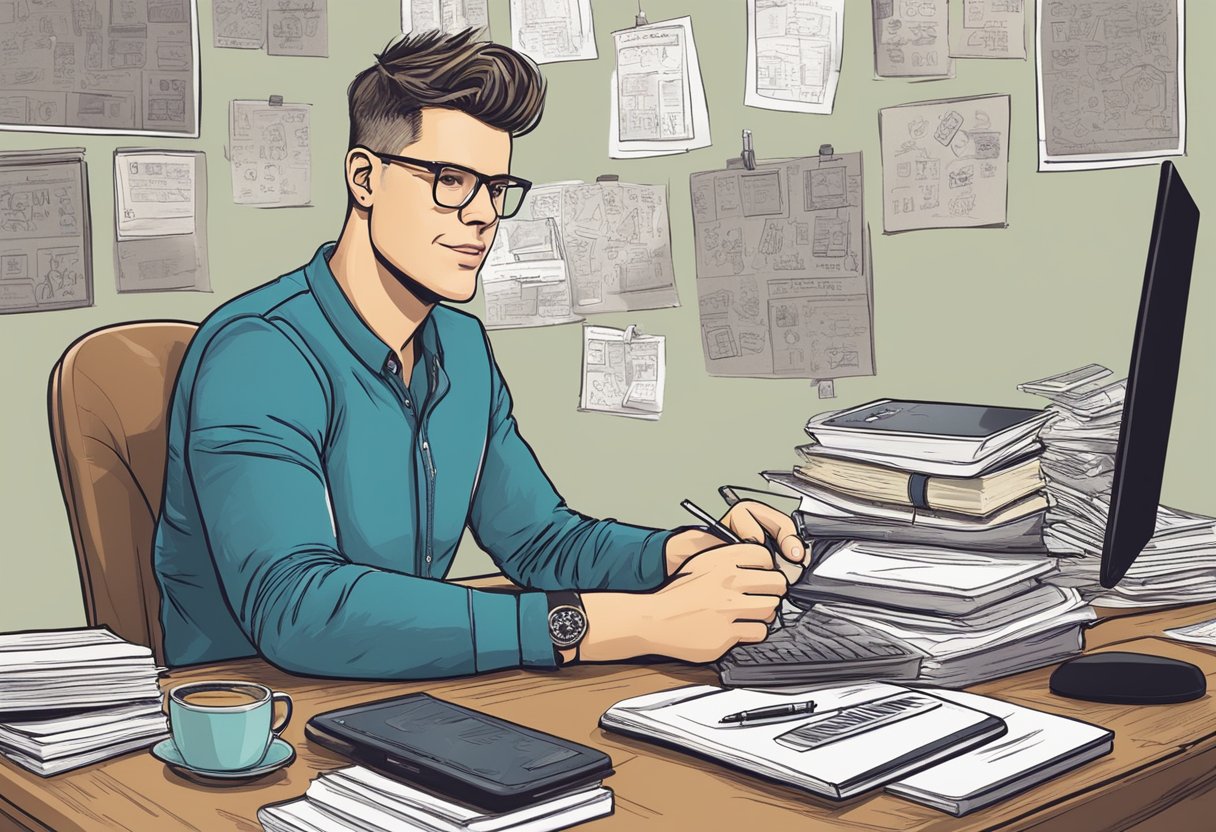 Theo Von sits at a desk surrounded by notebooks and a laptop, scribbling down funny quotes and ideas for his other ventures