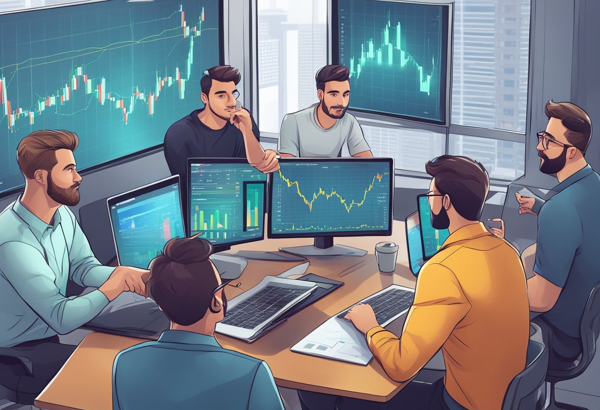 A group of Crypto YouTubers discussing and analyzing market trends, with charts and graphs displayed on a large screen in the background