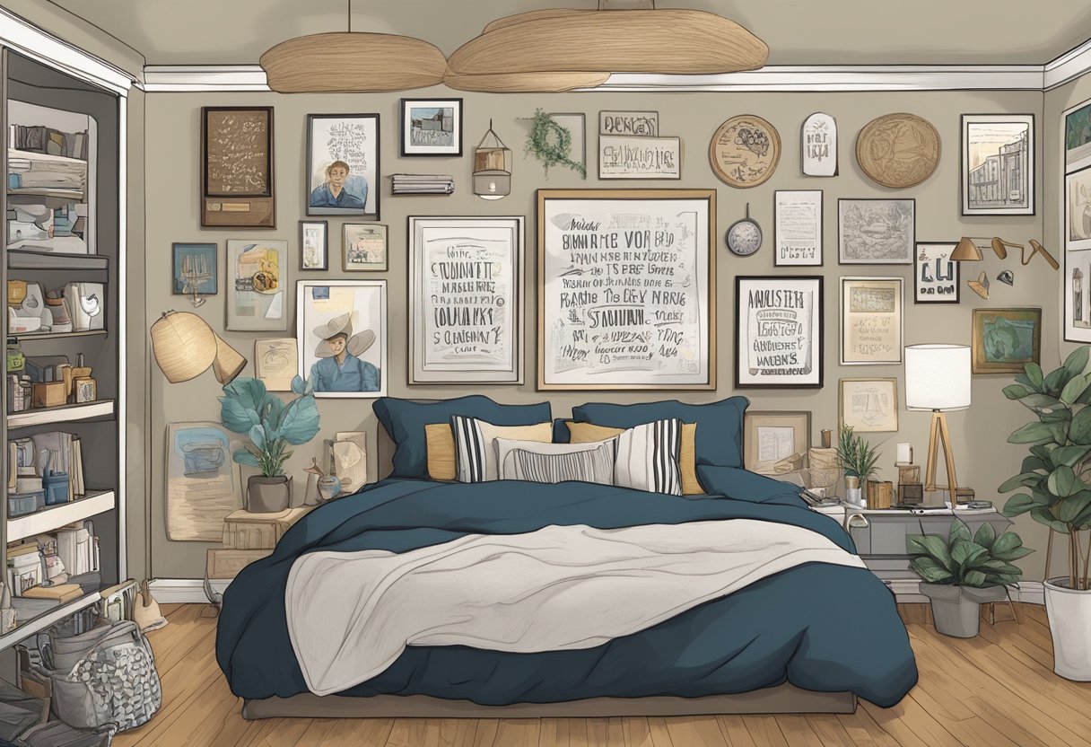Theo Von's quotes adorn a wall, surrounded by personal mementos and inspirational objects, creating a cozy and reflective atmosphere