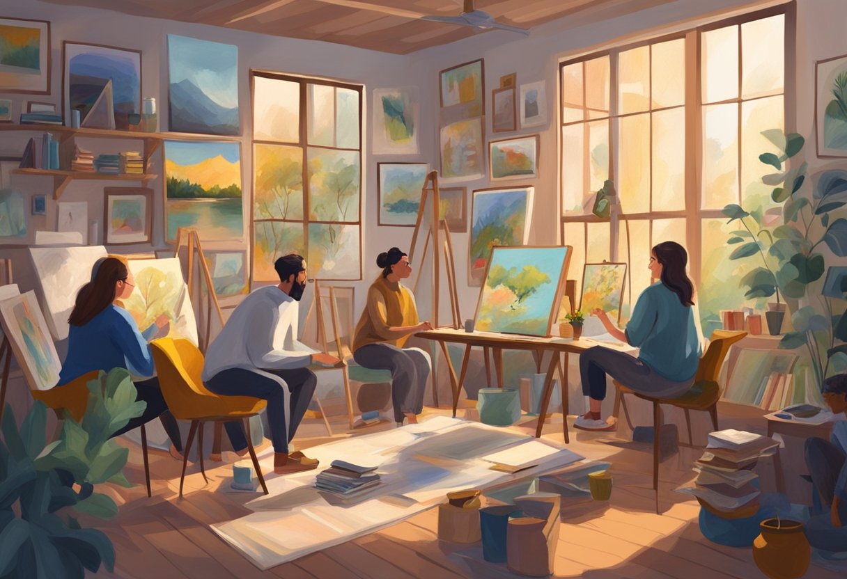 Fellow artists chat, laugh, and share ideas in a cozy studio filled with colorful paintings and sketches