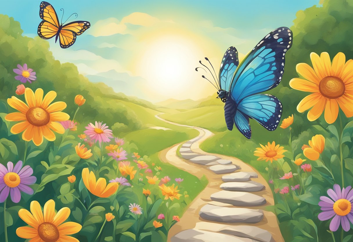 A smiling sun shines down on a winding path, with colorful flowers blooming and a playful butterfly flitting about. A quote bubble contains the words "Personal Philosophy and Outlook on Life" by Theo Von