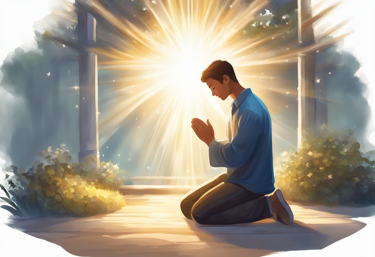 A person kneeling in prayer, surrounded by light and warmth, with a sense of hope and peace emanating from the scene