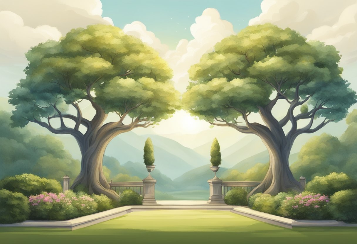 A serene garden with two separate trees intertwining their branches, symbolizing the unity and restoration of a relationship through spiritual principles of prayer