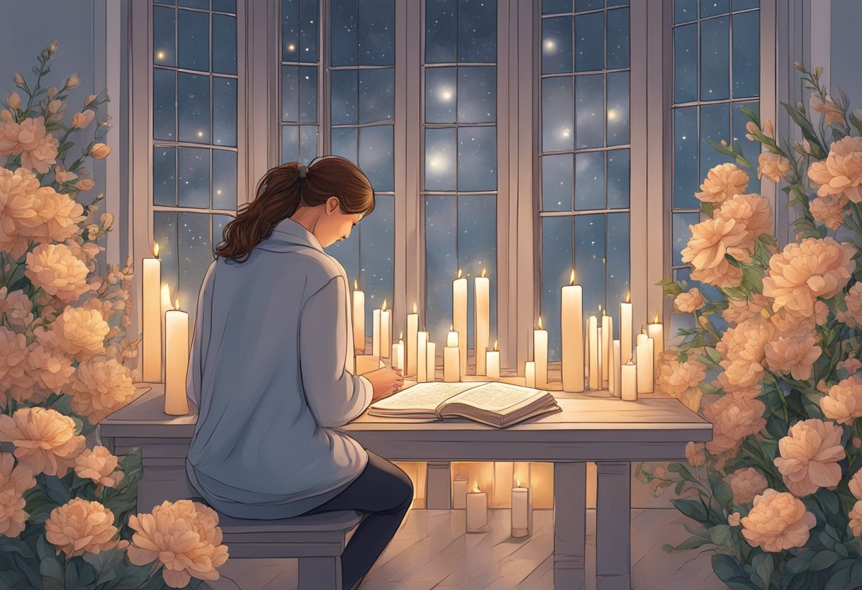 A person sits in quiet reflection, surrounded by candles and flowers, penning a prayer for relationship restoration. A sense of peace and hope fills the room