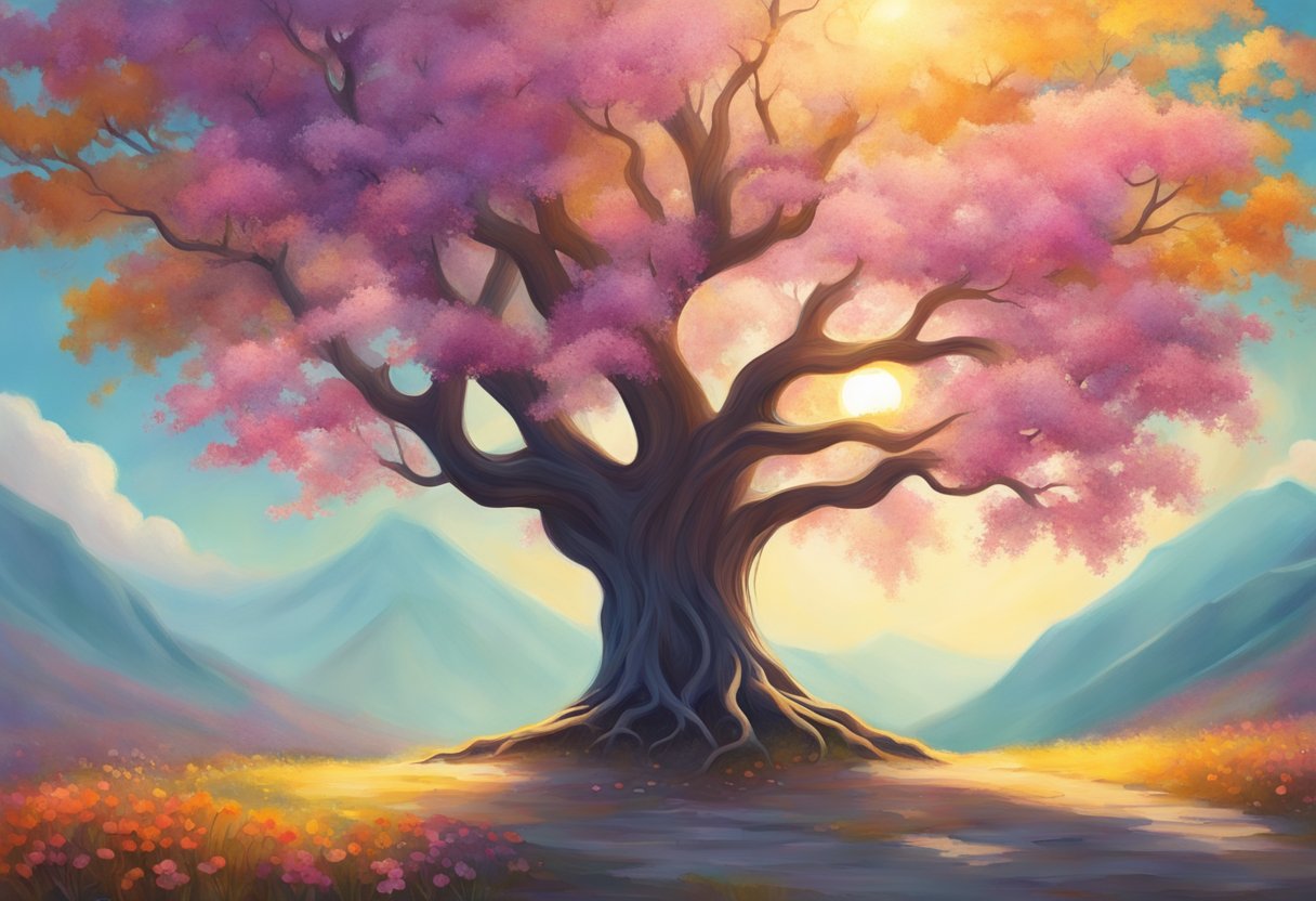 A solitary tree stands tall, its roots firmly grounded. Surrounding it, vibrant flowers bloom, each one unique and authentic. The sun shines down, casting a warm and inviting light, symbolizing the journey of self-discovery and personal growth