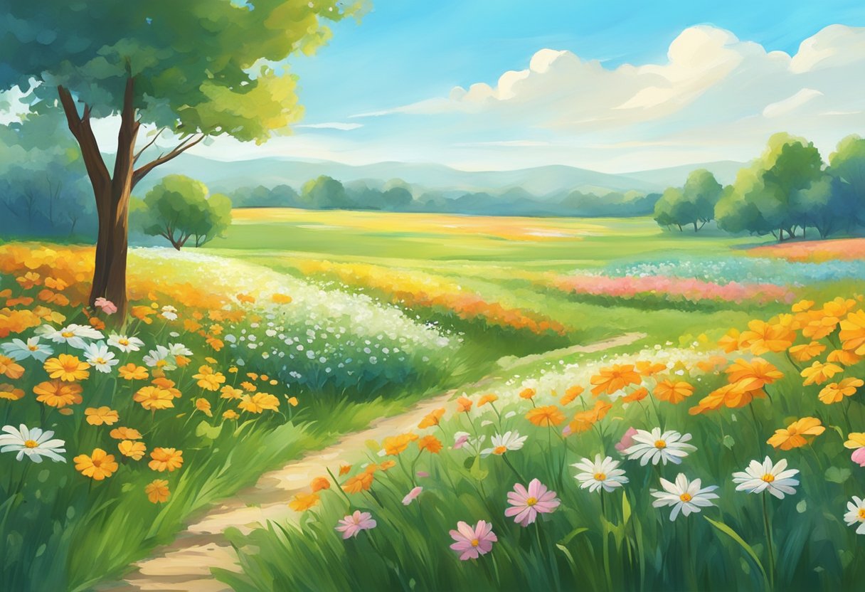 A serene, open field with vibrant flowers and a clear, blue sky. A gentle breeze rustles the grass, creating a peaceful and authentic atmosphere