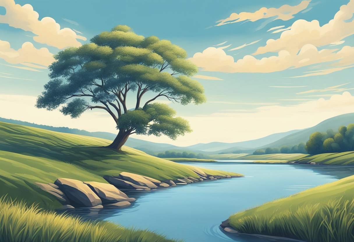 A serene landscape with a clear blue sky, rolling hills, and a peaceful river. A lone tree stands tall, symbolizing strength and authenticity