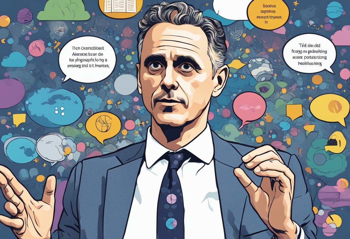 Jordan Peterson lecturing in a dynamic pose, surrounded by thought bubbles and quotes from his famous speeches