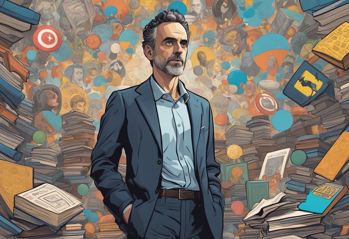 Jordan Peterson stands confidently, surrounded by swirling books and thought bubbles. His image is juxtaposed with iconic Marvel comic characters, symbolizing his impact on popular culture