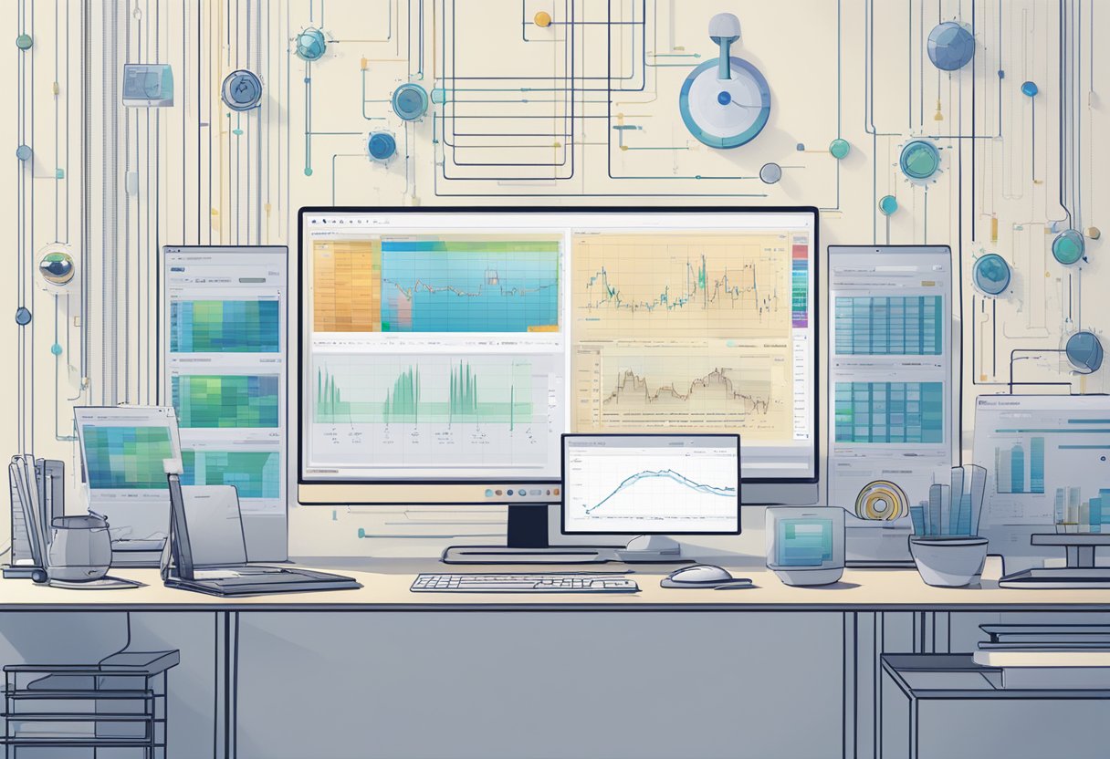 A computer screen displaying the Cardano Chang hard fork update, with code and data visualizations surrounding it