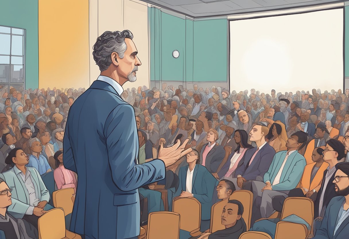 Jordan Peterson's audience captivated, inspired, and engaged by his powerful message, eagerly absorbing his wisdom and insights