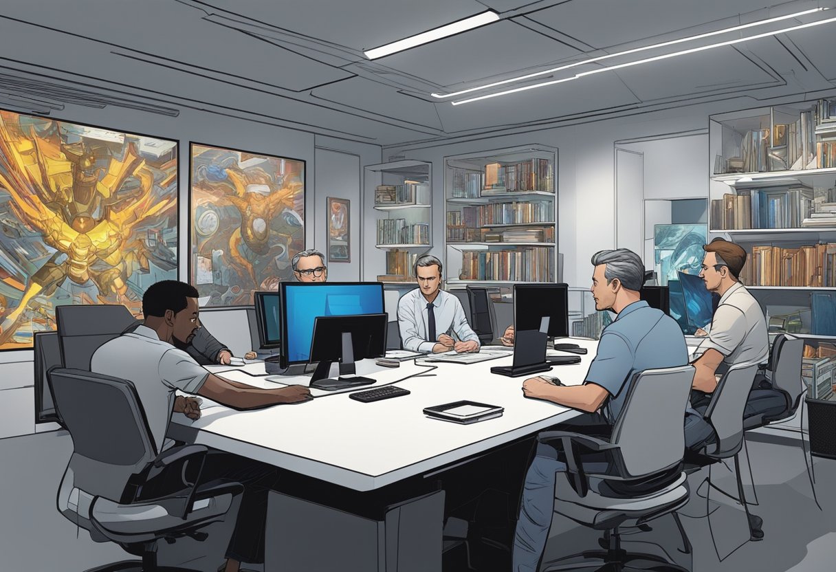 Marvel's modern storytelling: Jordan Peterson discusses philosophy with Marvel Comics executives in a sleek, futuristic office. Dynamic lighting and bold, graphic art adorn the walls