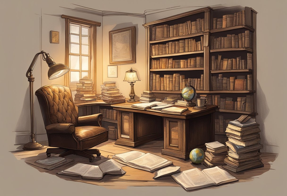 A cluttered study with books, maps, and a globe. A worn leather chair and a desk filled with papers. A faint scent of old books and a dimly lit lamp