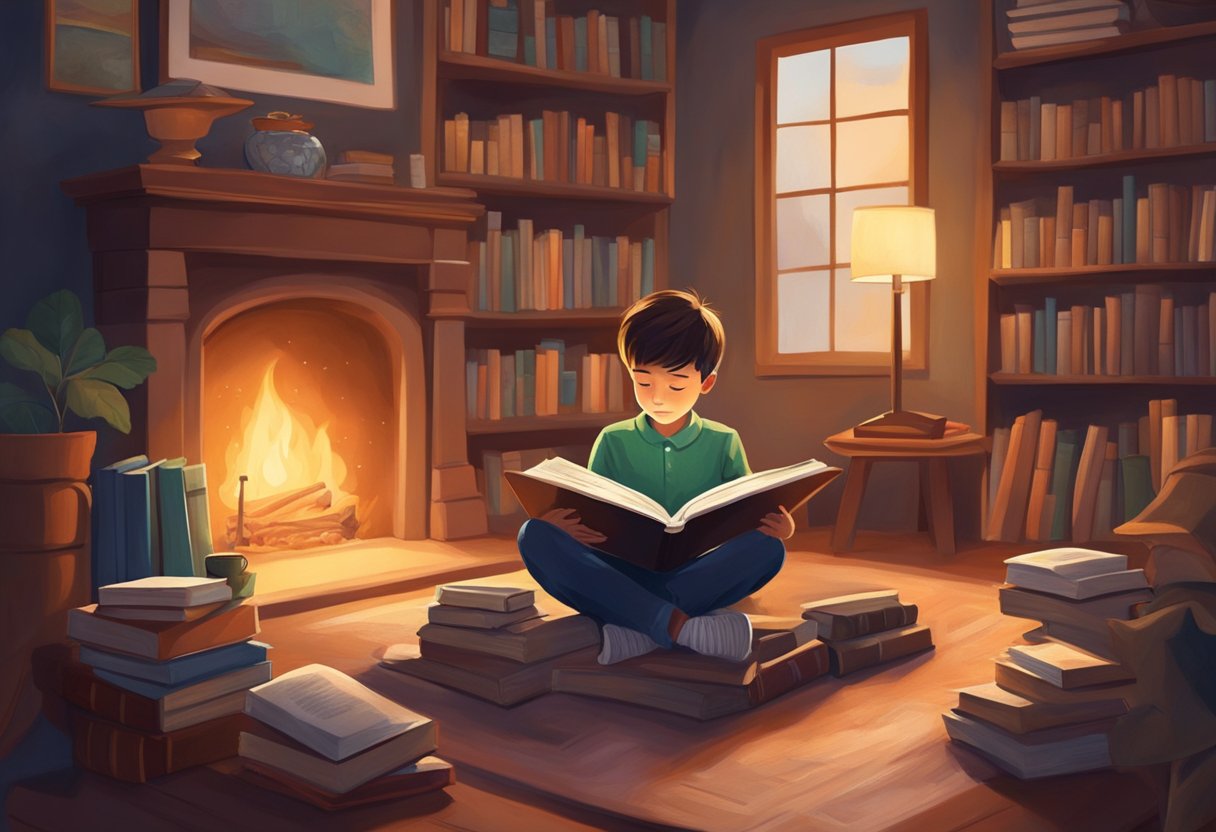 A young boy reads in a cozy study, surrounded by books and a warm fireplace, while his parents encourage him to pursue knowledge and curiosity