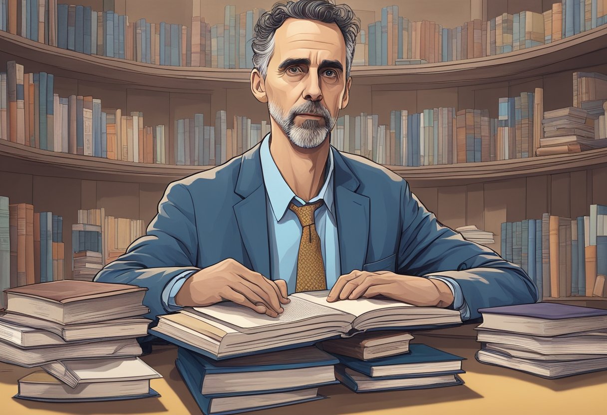 Jordan Peterson's academic and clinical career, from childhood to present, is depicted through a series of books, research papers, and lecture halls