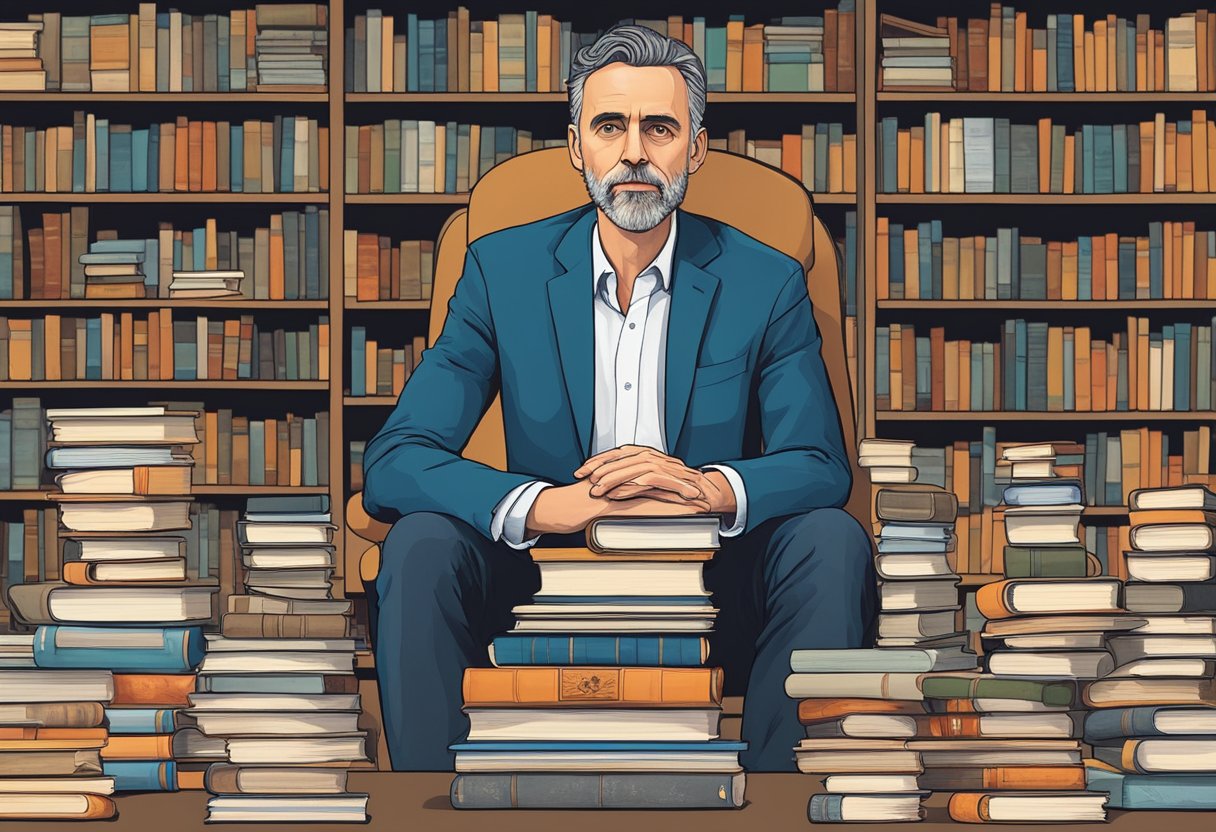 Jordan Peterson's major works and philosophies are depicted through a stack of books and a thoughtful, contemplative atmosphere