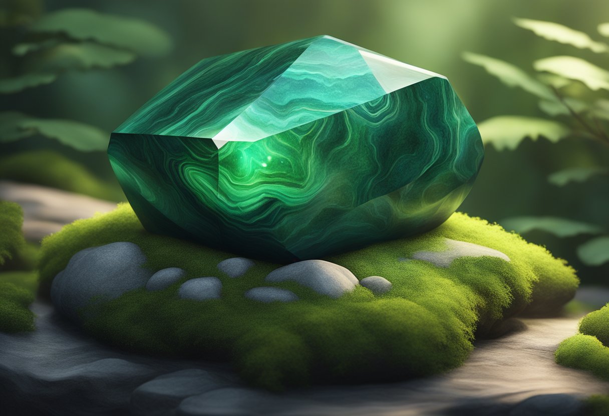 A shimmering malachite stone sits atop a bed of moss, reflecting light and emitting a sense of calm and serenity