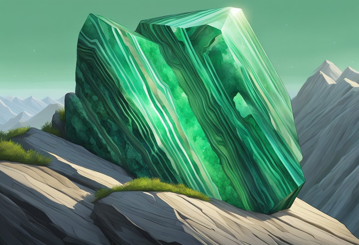 A vibrant green malachite crystal sits atop a rocky outcrop, reflecting the light with its unique striated patterns and shimmering surface