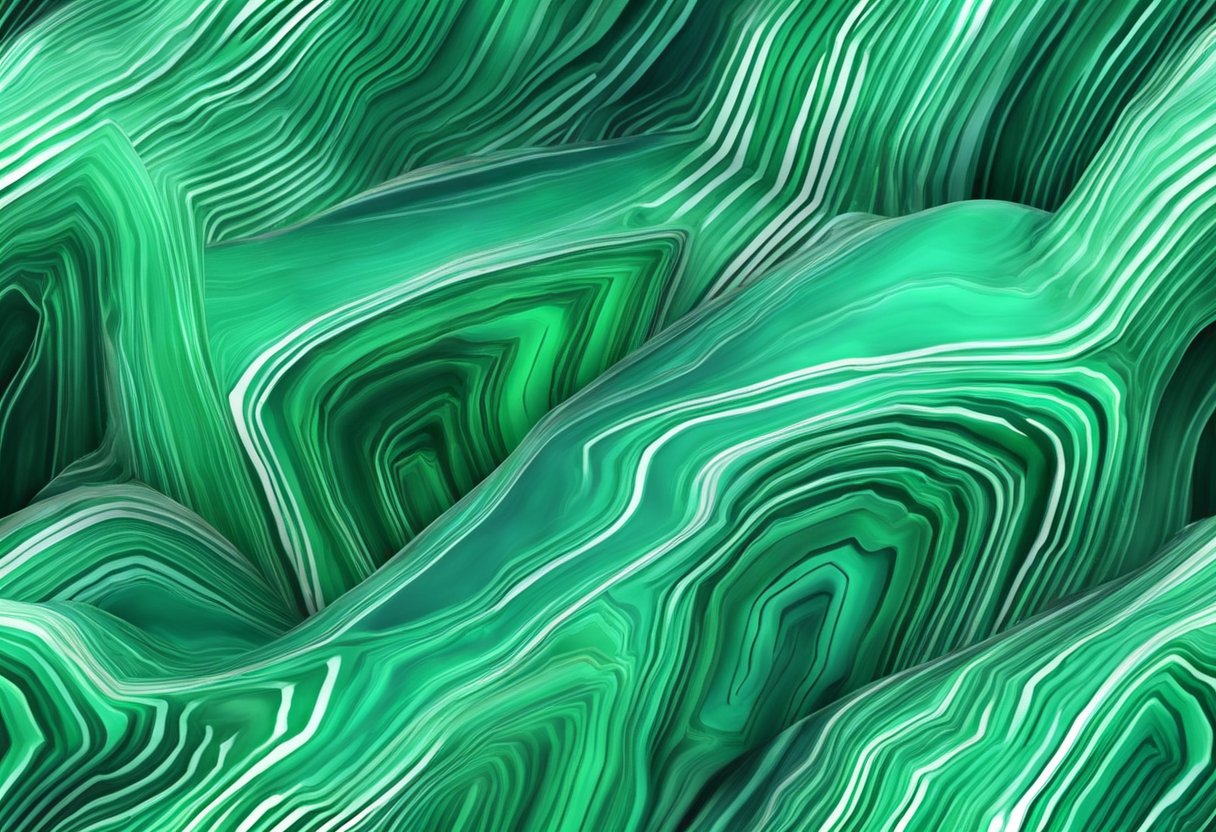 A vibrant green malachite crystal with striated patterns, reflecting light and showcasing its physical properties